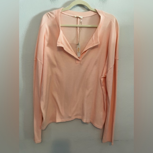 3/$20 Chyrsanthemum NWT Peach Pink Waffle Knit Drop Shoulder V-Neck Top XL - Picture 1 of 7
